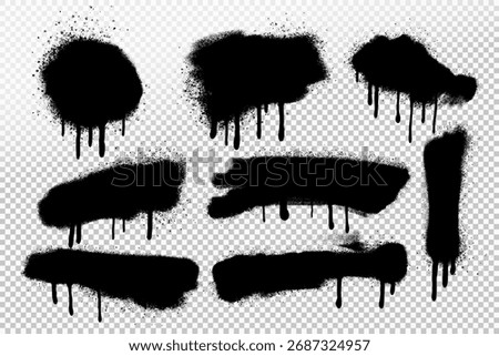 Set of spray paint elements isolated on transparent background, lines and drips black ink splatters, Ink blots. Collection of vector street style. Spray spot drips graffiti style background.