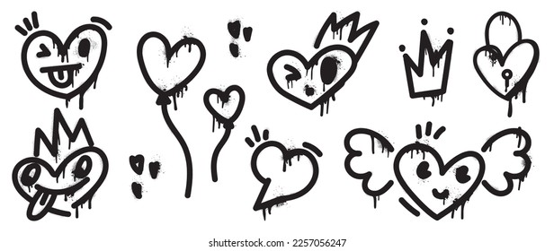 Set of spray paint valentine element vector. Hand drawn graffiti texture style collection of comic heart shape, crown, balloon, flying heart. Design for print, cartoon, card, decoration, sticker.