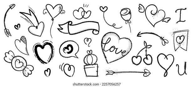 Set of spray paint valentine element vector. Hand drawn graffiti texture style collection of heart shape, balloon, flower, arrow, cactus, banner. Design for print, cartoon, card, decoration, sticker.