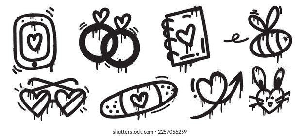 Set of spray paint valentine element vector. Hand drawn graffiti texture style collection of heart, eyeglasses, bee, rabbit, ring, notebook. Design for print, cartoon, card, decoration, sticker.