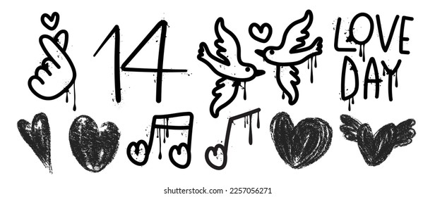 Set of spray paint valentine element vector. Hand drawn graffiti texture style collection of mini heart, hand sign, bird, melody note, date. Design for print, cartoon, card, decoration, sticker.