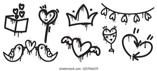 Set of spray paint valentine element vector. Hand drawn graffiti texture style collection of comic heart shape, crown, bird, flying heart, arrow. Design for print, cartoon, card, decoration, sticker.