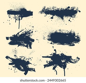 Set of Spray Paint Vector Elements, Brush Lines and Drips Black ink splatters, Ink blots set, Street style. Hand drawn abstract shapes in doodle grunge style. Vector isolated on White Background.