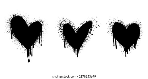 Set of Spray painted graffiti heart sign in black over white. Love heart drip symbol.  isolated on white background. vector illustration