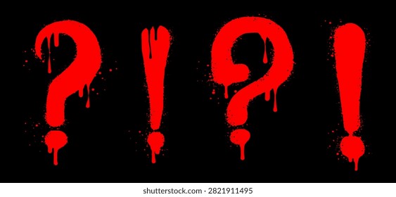 Set of Spray painted graffiti question marks and exclamation mark in red over black. isolated on black background. vector illustration