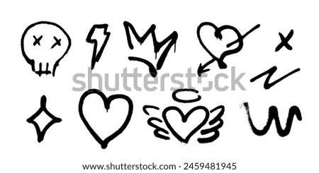 Set of spray painted symbols like skull, heart with arrow, crown and lightning. Graffiti drawing icons. Street art drawings with drips. Vector