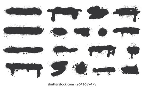 Set of spray stains of different shapes and variations. Ink paint strokes, aerosol lines and splashes, vector elements