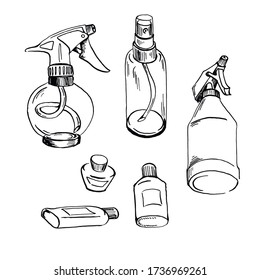 set of sprayer bottles black sketch hand drawn closeup isolated on white background