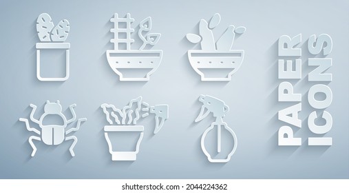 Set Spraying plant, Cactus peyote pot, Beetle bug, Water spray bottle, Plant and  icon. Vector
