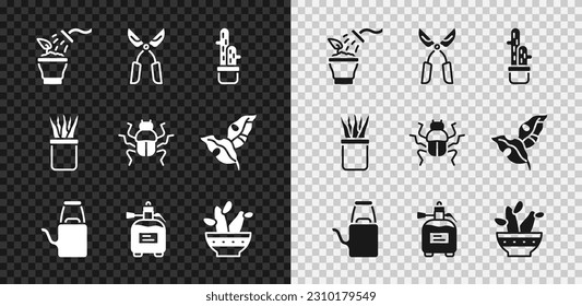 Set Spraying plant, Gardening handmade scissors, Cactus peyote pot, Watering can, sprayer for fertilizer, Plant and Beetle bug icon. Vector