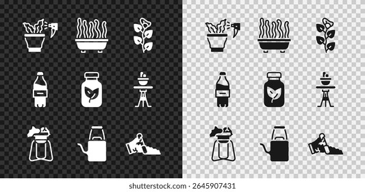 Set Spraying plant, Plant pot, Ivy branch, on stand, Watering can, Broken, Bottle of water and Fertilizer bottle icon. Vector
