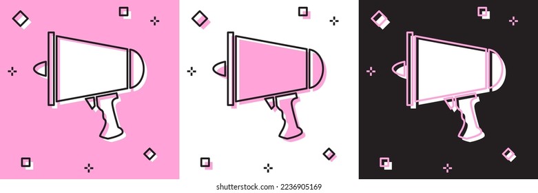 Set Spread the word, megaphone icon isolated on pink and white, black background.  Vector Illustration