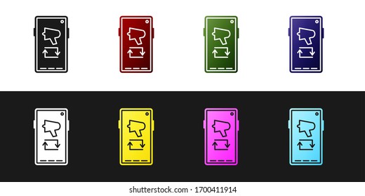 Set Spread the word, megaphone on mobile phone icon isolated on black and white background. Vector Illustration