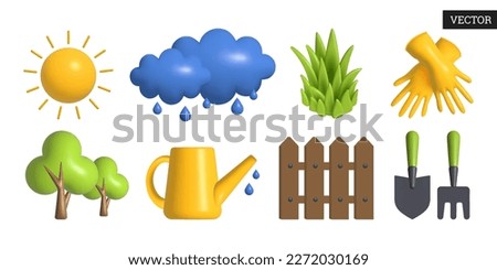 Set of spring 3d vector icons in cartoon style. Gardening tools, wooden fence, watering can, trees, rubber gloves, grass, clouds with drops and sun. Design elements. Vector illustration.