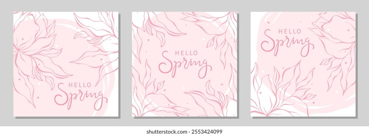 Set of spring abstract background with hand drawn flowers. Spring lettering.  Vector illustration for card, banner, invitation, poster, cover, sale.