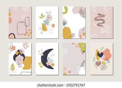 Set of Spring Abstract greeting cards and backgrounds in modern bohemian style. Mystical Boho Spring abstract background with shapes, contours, flowers, rainbows, woman faces