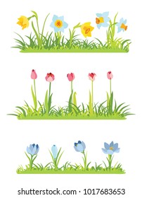 Set of spring april flowery borders for Easter decoration, Grass and narcissus border, tulips frame, crocus background