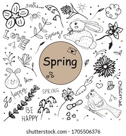 Set of spring attributes. Plants, flowers, cute words, animals doodle.