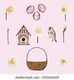 Set of spring attributes with starling box, bird and eggs