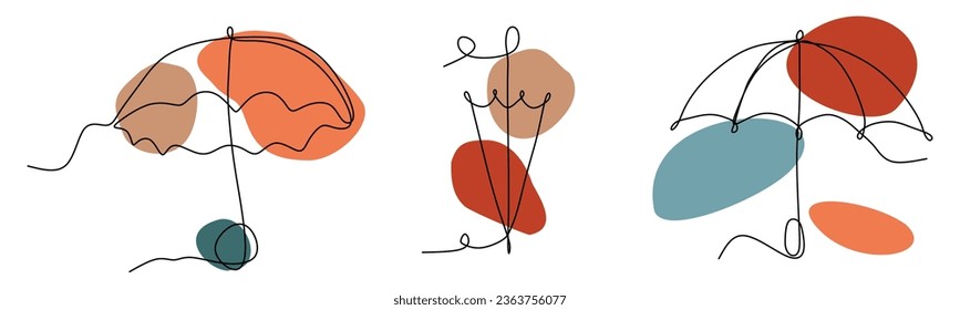 Set of Spring or Autumn Outline umbrella with color flat blotches. Vector illustration isolated on white. Continuous line art drawing, Protection Accessory. Design element for Poster, Card, Banner.
