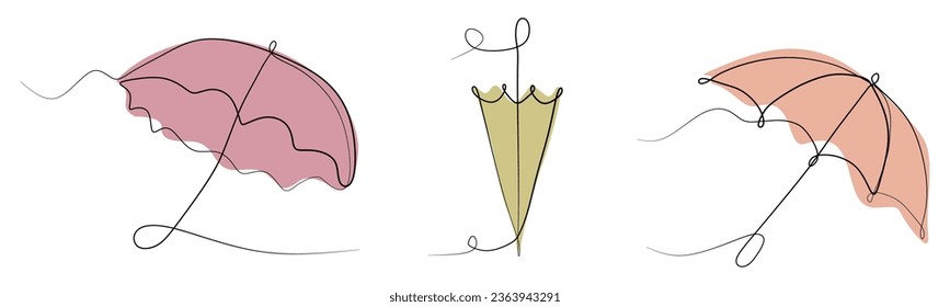 Set of Spring or Autumn Outline umbrella with color flat blotches. Vector illustration isolated on white. Continuous line art drawing, Protection Accessory. Design element for Poster, Card, Banner.