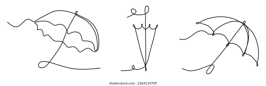 Set of Spring or Autumn Outline umbrella. Vector illustration isolated on white. Continuous line art drawing, Protection Accessory. Design element for Poster, Card, Banner.