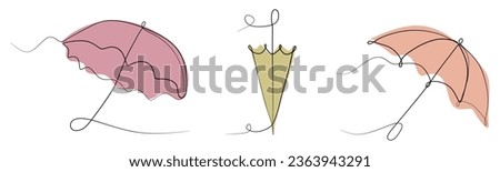 Set of Spring or Autumn Outline umbrella with color flat blotches. Vector illustration isolated on white. Continuous line art drawing, Protection Accessory. Design element for Poster, Card, Banner.