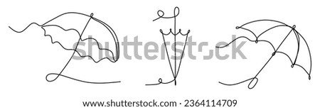 Set of Spring or Autumn Outline umbrella. Vector illustration isolated on white. Continuous line art drawing, Protection Accessory. Design element for Poster, Card, Banner.