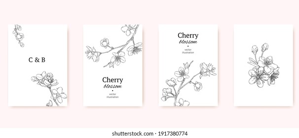 Set of spring backgrouds with sakura branch. Cherry blossoms. Design for card, wedding invitation, cover, packaging, cosmetics.