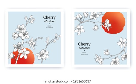 Set of spring backgrouds with sakura branch and red sun. Cherry blossoms. Design for card, wedding invitation, cover, packaging, cosmetics.
