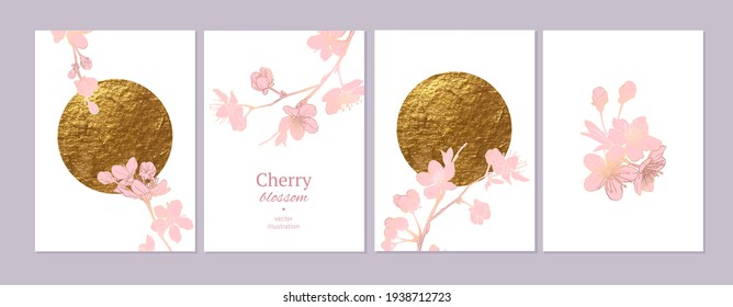 Set of spring backgrouds with sakura branch and golden circle, sun. Cherry blossoms. Design for card, wedding invitation, cover, packaging, cosmetics.