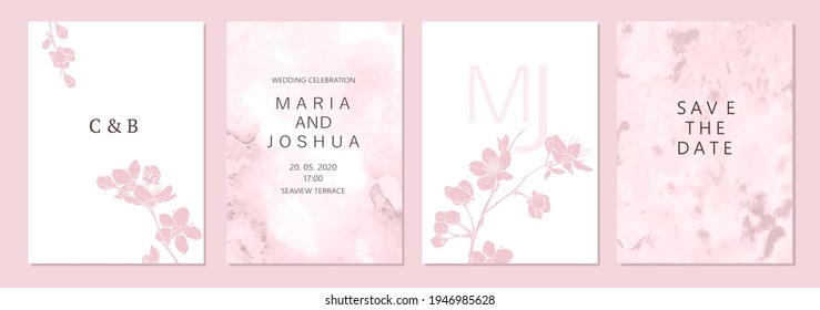 Set of spring backgrouds with sakura branch. Cherry blossoms. Design for card, wedding invitation, cover, packaging, cosmetics. Pink, blush watercolor background.