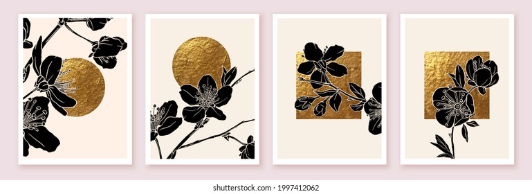 Set of spring backgrouds with sakura branch and golden circle, sun. Cherry blossoms. Design for card, wedding invitation, cover, packaging, cosmetics.