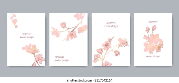 Conjunto de fondos primaverales con rama sakura. Flores de cerezo. Diseño para tarjeta, invitación de boda, portada, embalaje, cosméticos. Colores rosa y dorado.