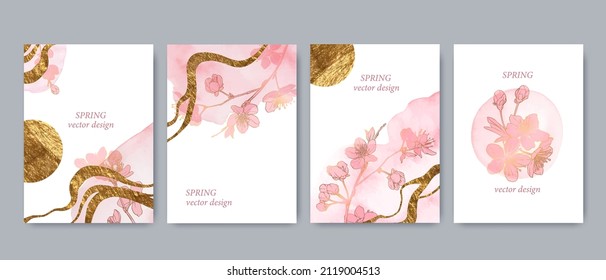 Set Of Spring Backgrouds With Sakura Branch And Golden Circle, Sun. Cherry Blossoms. Design For Card, Wedding Invitation, Cover, Packaging, Cosmetics. Soft Pink Watercolor Wash.