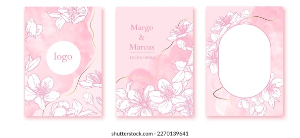 Set of spring backgrouds with sakura branch. Cherry blossoms. Design for card, wedding invitation, cover, packaging, cosmetics. Pink and white colors.