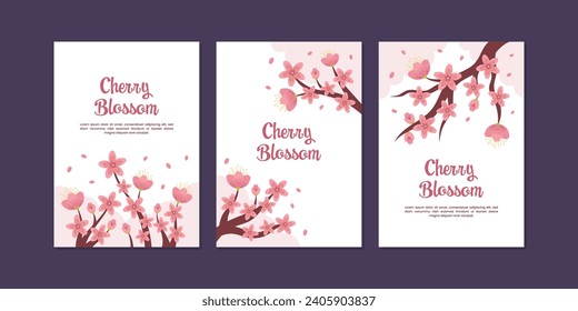 Set of spring backgrouds with sakura branch. Templates for card, wedding invitation, cover, packaging, cosmetics.