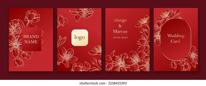 Set of spring backgrouds with sakura flowers. Cherry blossoms. Design for card, wedding invitation, cover, packaging, cosmetics. Red and golden colors.