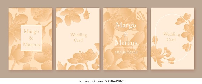 Set of spring backgrouds with sakura flowers. Cherry blossoms. Design for card, wedding invitation, cover, packaging, cosmetics. White, beige and golden colors.