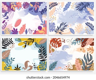 Set Spring background with. flower background for design. Colorful background with tropical plants. Place for your text.