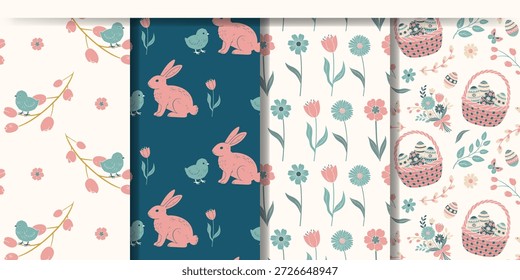 Set von Frühlingshintergründen mit Hasen, Blumen und Vögeln. Nahtlose Frühlingsmuster. Osterschmuck