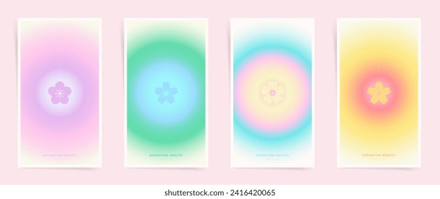 Set of spring backgrounds with circular gradient modern design. Vertical minimalist gradient story posts with text for covers, placards. Holographic aesthetic colorful spring sale creatives.