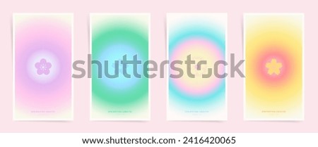 Set of spring backgrounds with circular gradient modern design. Vertical minimalist gradient story posts with text for covers, placards. Holographic aesthetic colorful spring sale creatives.