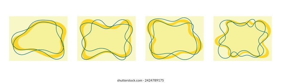 A set of spring backgrounds in the form of random yellow spots on a soft green background. Vector illustration in yellow. Abstract hand drawn spots. Abstract background for design, inscriptions, sales