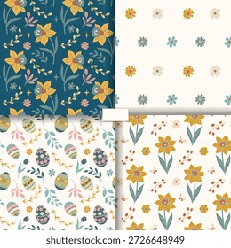 Set mit Frühlingshintergründen mit Narzissen, Kamille, Ostereiern. Nahtlose Frühlingsmuster. Osterschmuck