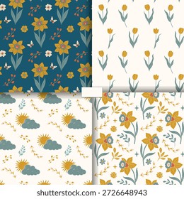 Conjunto de fundos de primavera com narciso, tulipas, ovos de Páscoa. Padrões sem costura primavera. Ornamentos de Páscoa