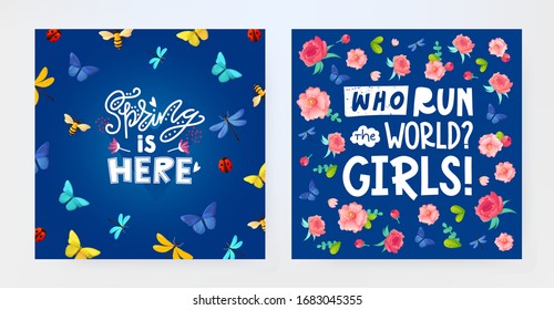 Set of Spring backrounds with flowers and text. Vector backgrounds design for greeting and advertising products.