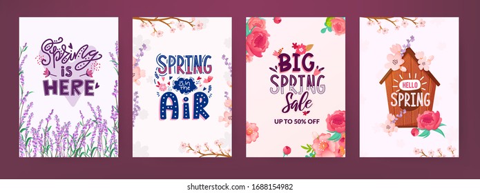 Set of Spring backrounds with flowers and text. Vector backgrounds design for greeting and advertising products.