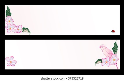 set of spring banners with apple flowers, bird and ladybird (EPS 10)