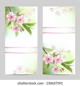 Set of spring banners with blossoming tree branch with pink flowers. Vector illustration